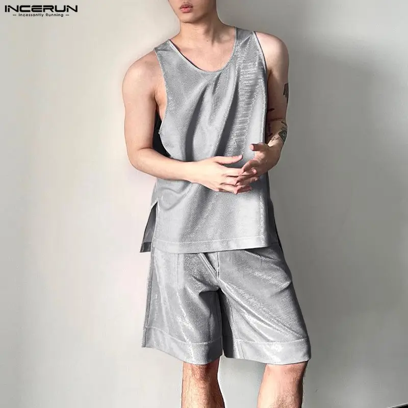 Mens Fashion Casual 2026 - INCERUN Men's Sets Shiny Solid O-neck